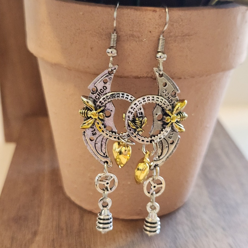 Bee Moon Dangle Earrings Women Silver Gold Tone Heart Peace Symbol 2.5 inches